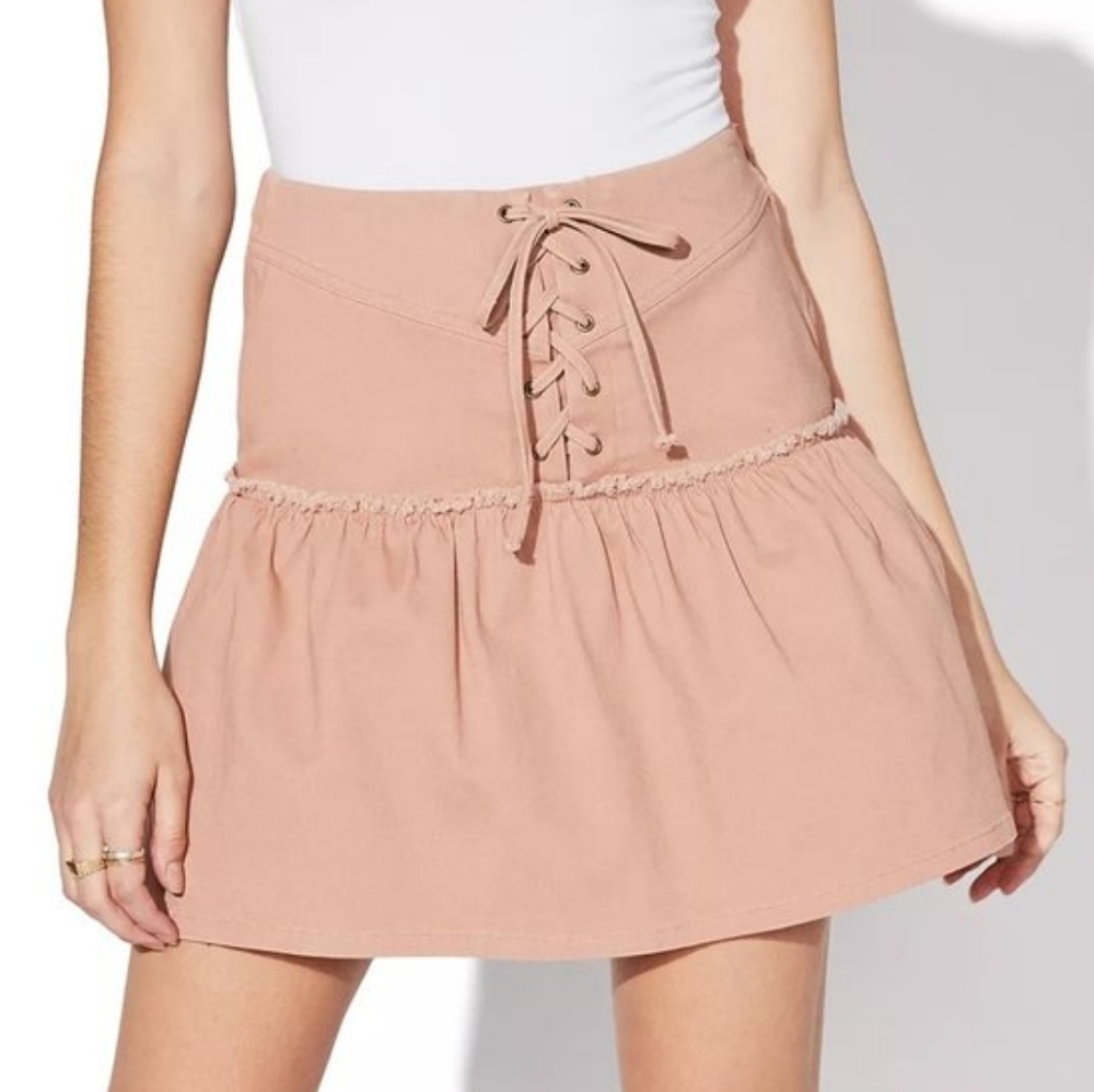Vylette Lace Up Twill Ruffle Flounce Mini Skirt Mauve Pink / Taupe Tan Apricot
